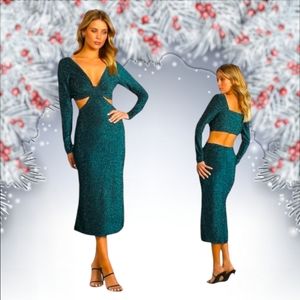 Lulu's Sparks of Love Metallic Blue Cutout Long Sleeve Midi Dress Size XS